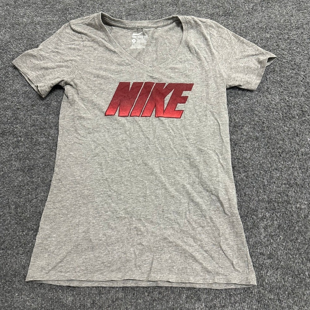 Nike T-Shirt Womens Size S Gray Red Graphic Logo V-Neck Athletic Short Sleeve